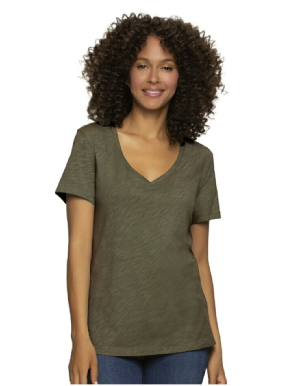 Felina Ladies' New V-Neck Slub Tee Relaxed Fit Short Sleeve T-Shirt Green XL